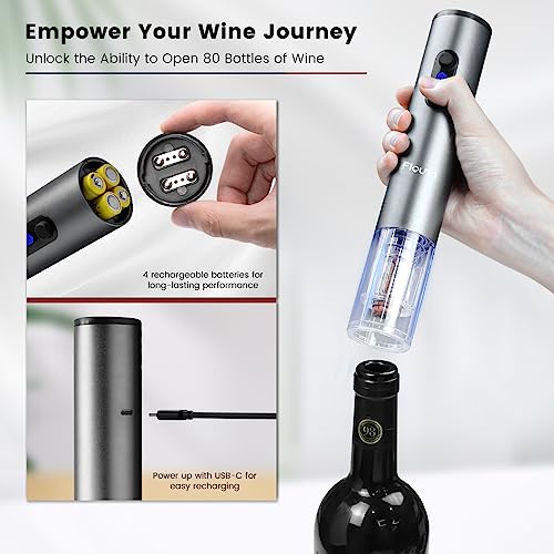 Flauno Electric Wine Opener Rechargeable - Automatic Wine Bottle Opener, Electric Corkscrew Wine Opener with Foil Cutter, Vacuum Wine Stopper, Wine Aerator Pourer, Wine Gift Set (Gray)