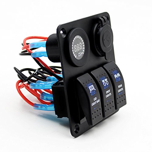 Switch Panel, FABOOD 3 Gang Waterproof Rocker Switches Panel with DC 12V Digital Voltmeter / 3.1A Dual USB and 3 LED Lights Switchs for Marine Boat Car RV - Thumbnail 4