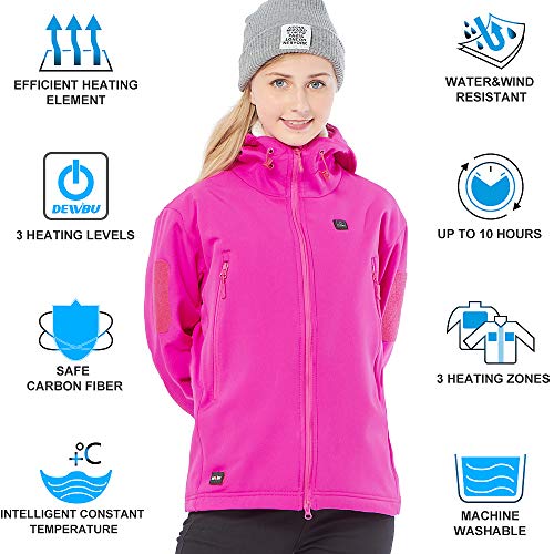 DEWBU Women's Heated Jacket with 7.4V Battery Heating Jacket Soft shell for Women, Rose Red, L