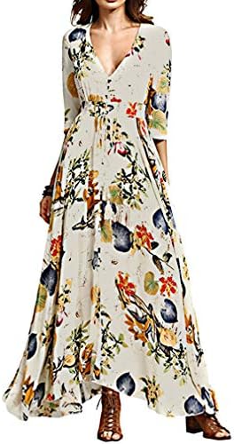 Dolloly Maxi Dress Bohemian Floral Button Up Printing Floor Dress