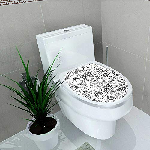 Philip C. Williams Toilet Seat Decal Vinyl Video Games Sketch Style Gaming Design Racing Monitor Device Gadget Teen Blak White Decal Sticker Toilet Decoration W14 x L14
