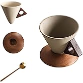 250ML- Retro ceramic coffee mug, Creative Cone coffee cup set for women elegant small- Solid wood handle and coaster - Suitable for home, restaurant, party and office use. (Dark brown handle)