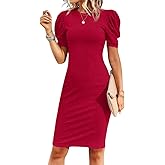 Cicy Bell Women's Puff Sleeve Bodycon Work Dresses Crew Neck Business Casual Office Pencil Dress