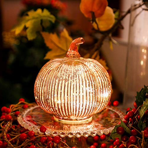 Hvfun Rosegold Thanksgiving Decorative Artificial Pumpkins-Mercury Glass Light up Pumpkin with Timer- Table Centerpieces for Home Decor