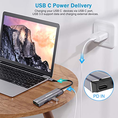 USB C Hub Multiport Adapter,PRANITE 6-in-1 Portable Aluminum Dongle Docking Station with 4K 30Hz HDMI Output,USB3.0/2.0 SD Card Reader, Compatible for MacBook and More Type C Devices(Space Gray)