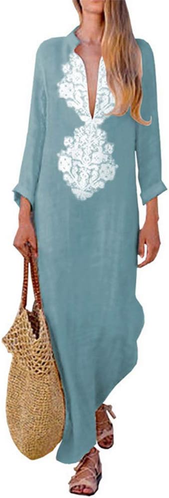 Aierwen Boho Long Maxi Dress Long Sleeve V-Neck Women Clothes Loose Ladies Party Casual Beach Sundress