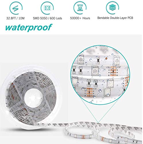 PHOPOLLO 32.8ft Waterproof Led Strip Light, 5050 RGB LED Strip Light for Bedroom, Kitchen, Home Decor, with 44 Keys Ir Remote Control