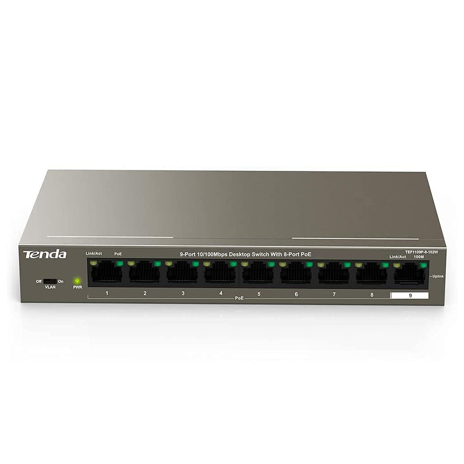 Tenda TEF1109P-8-102W 9-Port 100Mbps Ethernet Network Switch With 8-Port PoE 102W, VLAN Port, 6kV Lightning Protection, Ethernet Splitter Works with IEEE 802.3af/at, Transmission Distance up to 250m