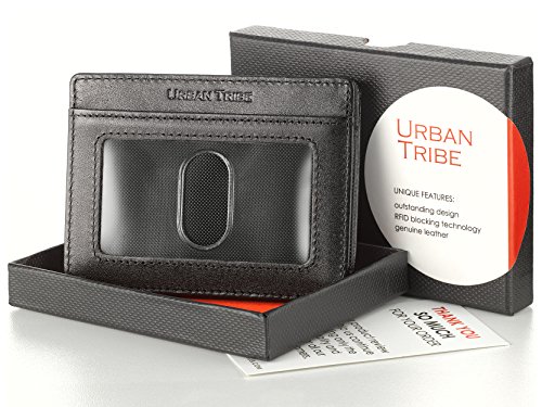 Compact RFID Card Sleeve Wallet Premium Leather Money Clip Card Holder for Up to 10 Cards