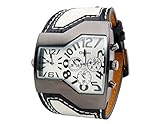 ShoppeWatch Mens Large Dial Watch Dual Time Display Quartz White Unique Dial Leather Band OM-168