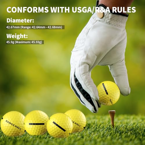 Golf Practice Balls 12 Pack with 382 Dimple Design,Compression 82-85°, 45.9g Solid Rubber, Durable & High Bounce, 250-255 Yard Distance,for Indoor/Outdoor Training and Driving Range Practice (Yellow)
