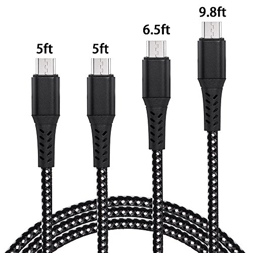 Smart&Cool Nylon Braided 4Pack Micro USB Charging and Data Transfer Cable for Android Phone and Tablets, Quad-Pack: 5 Ft ,5 Ft , 6.5 Ft , 9.8 Ft (Micro-USB-Black&Silver-4Pack)