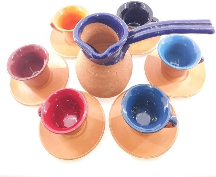 Earthenware Organic Terracota Red Clay Hand Painted Six Pieces Cups with Saucers ncluding Coffee Milk Cooking Pot