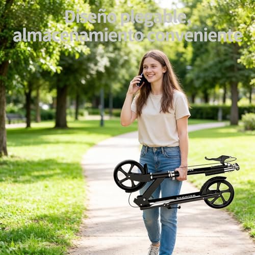 Scooter para Niños de 8 a 12 Años, Adolescentes y Adultos, Scooter Plegable con Campana, Freno de Mano y Altura Ajustable, Capacidad de Peso de 150KG, Perfecto para La escuela, Campus, Paseos