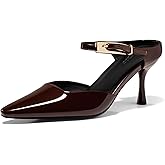 Coutgo Womens High Heels Mules Closed Pointed Toe Kitten Heel Pumps Ankle Buckle Strap Slip On Backless Dress Shoes, Maroon, Size 7.5