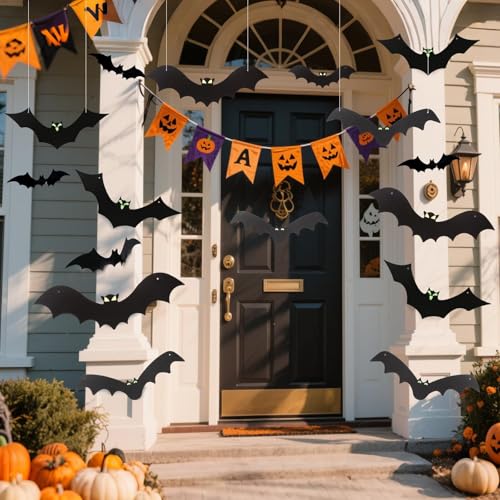 Photo 1 of 12 Pack Halloween Decorations Hanging Bats - 3 Style Scary Hanging Bat Set with 3D Bats Sticker, Outdoor Scary Flying Bats Set for Yard, Haunted House, Party - Indoor Outdoor Waterproof Decor