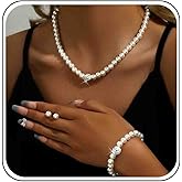 Allereyae Vintage Pearl Earring Necklace Bracelet Set Crystal Ball Necklace Pearl Stud Earrings Round Bead Choker Pendent Imitation Pearls Stud White Pearls Bracelet wedding bridal Jewelry Set for