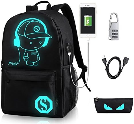 Anime Luminous Backpack Casual School Rucksack Travel Laptop Backpack with USB Charging Port and Anti-Theft Lock &amp; Pencil Case, Black