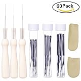 QICI 65 Pieces Wool Felt Tools Including 60 Pieces 3 Sizes Felting Needles with 3 Pieces Clear Bottles and wooden handle and Leather Finger Cot