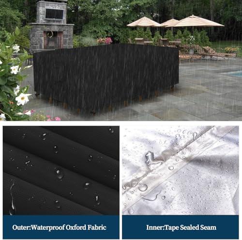 Dsocool 600D Patio Furniture Covers, 100% Waterproof Patio Table Cover, Heavy Duty Oxford Cloth Outdoor Table Cover, with Handles, Vents and Buckles, UV-Resistant (Black, 350×260×90cm)