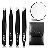 Eyebrows Tweezer, ETEREAUTY Tweezers for Ingrown Hair, Stainless Steel Tweezers Set with Travel Case and 10x Magnifying Makeup Mirror