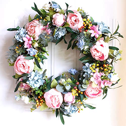 SKOLOO Peony Flower Wreaths for Front Door, Large Blooming Peonies Hydrangea Wreath with Berry Greenery, Artificial Spring Garland Wreath for Home Wall Decor