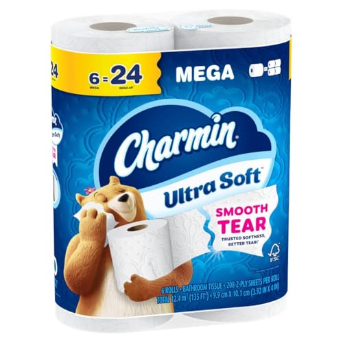 CHARMIN ULTRA SOFT TOILET PAPER, 6 MEGA ROLLS = 24 REGULAR ROLLS