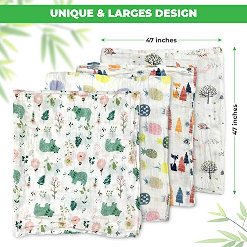 Winyline Muslin Baby Swaddle Blankets 4 Pack Large 47” x 47” Organic