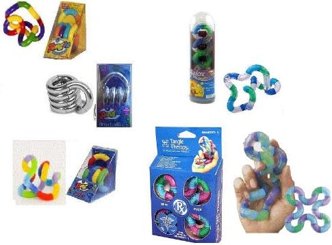 Set of 5 Tangle Jr Fidget Toys: Original Metallic Fuzzy Therapy Relax