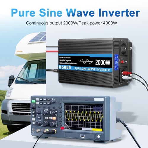 JIGUUN 2000W Inverter 12V 220V Pure Wave Inverter with Charger 30A and Priority Circuit of Network and UPS,2 EU Sockets, Wireless Remote Control and LCD Display Peak Power 4000W