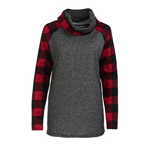 Tsmile Womens Turtleneck Cowl Neck Tops Plaid Patchwork Shirts Oversized Tunic Long Sleeve Pullover (Red, 2XL)