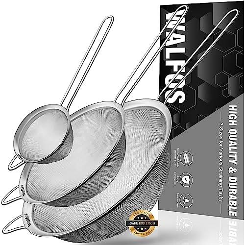 Walfos Fine Mesh Strainers Set, Premium Stainless Steel Sieve and Sifter with Sturdy Handle, Metal Kitchen Strainers Perfect for for Food, Rice, Quinoa, Fruit, Tea, Flour- 3 Sizes