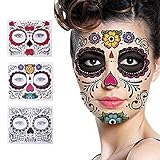 3 Pack Halloween Face Tattoo Sticker Glitter Red Roses Day of The Dead Sugar Skull Temporary Tattoo for Halloween, Masquerade and Parties