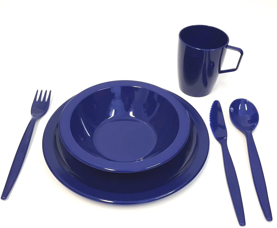 Harfield Camping Tableware Royal Blue Outdoor Dining Set - Plate, Bowl, Beaker & Cutlery Reusable Virtually Unbreakable Polycarbonate Plastic