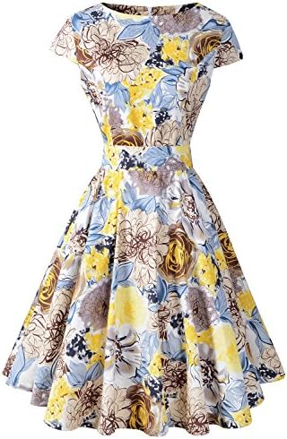 Chicanary Women's Cap Sleeve Vintage Tea Dress With Belt Yellow Floral Large