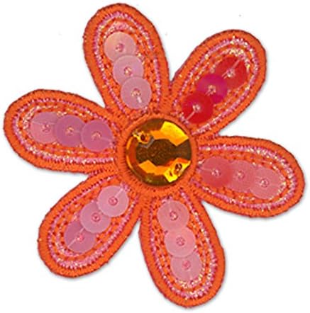 Applique Fabric Flower Patch Motifs- Iron or sew on (Orange Flower - Rhinestone Centre - 5 cm)