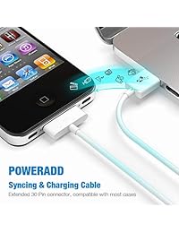 POWERADD - Cable de carga y sincronización USB para iPhone 4, 4S, 3G, 3GS, iPad 1, 2, 3, iPod Touch Nano, 30 pines, color blanco