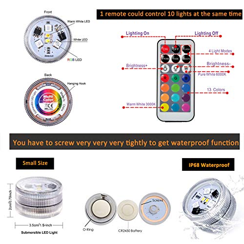 Seed 10 Pack 1.5" Small Submersible LED Lights, Battery Operated LED Craft Tea Light with Remote for Pool Parties Hot Tub Fountains Halloween Lantern Wedding Centerpieces Vases Decorations - Thumbnail 2