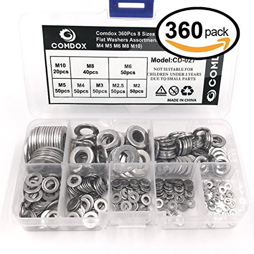 Comdox 360Pcs 8 Sizes Stainless Steel Flat Washers Assortment Set (M2 M2.5 M3 M4 M5 M6 M8 M10)