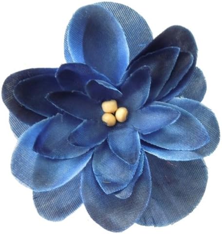 6 pieces of 2-1/2 inch soft silk dehlia, 3 natural wood beads sewn in center, color navy.