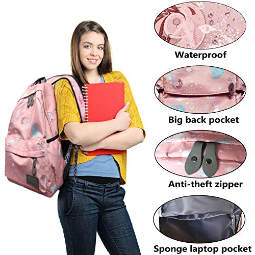 IBEILLI Girls School Backpack Cute Casual Fashionable Lightweight 15 Inch Laptop Bag for Teens Girls Students College Bookbag(Grey) (Pink)