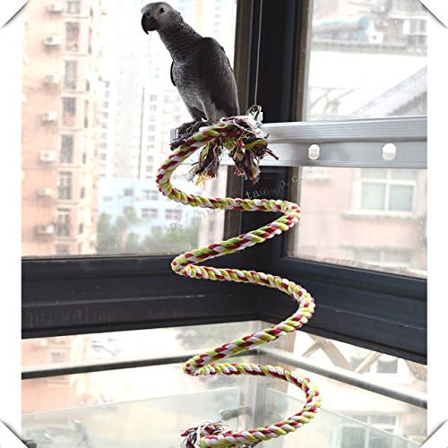 2meters ROPE COIL PERCH SWING WITH BELL -Squirrel Parrot Toys &Parts for Medium and Large Birds (Color mixing, 2M)