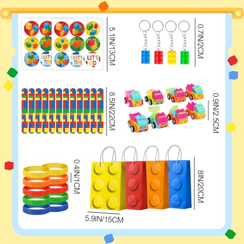 62 Pcs Building Blocks Party Favors Set- Building Block Favor Bags Keychains Slap Bracelets etc Building Block Themed Party Favors