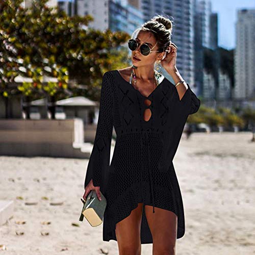 Women's Bathing Suit Cover Up Swimsuit Beachwear Bikini Swimwear Crochet Lace Long Dress Beach Cover Ups(570 Blcak) - Thumbnail 2