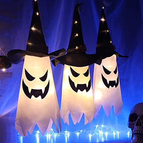 SUNNEE Halloween Wizard Hat Ghost Windsock Flag Halloween Glowing Ghost Windsock Flag Halloween Outdoor Hanging Decoration for Yard Patio Garden Pathway Party Decoration 3 Pack