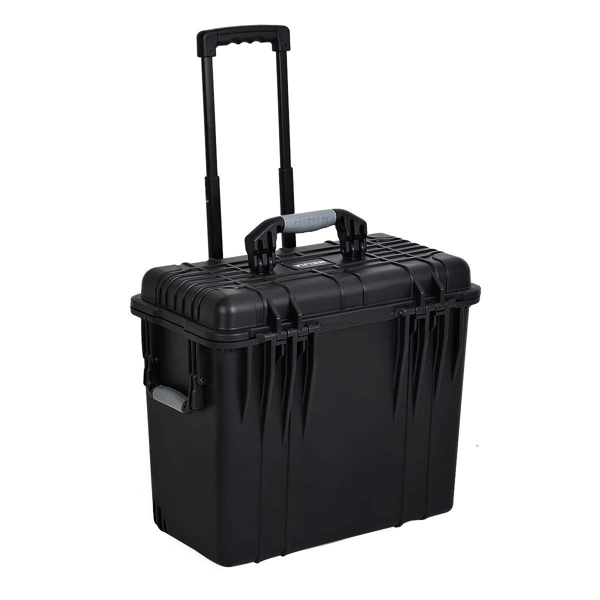 MEIJIA Waterproof Rolling Protective Case with Retractable Pull Handle and Wheels, Foam Inserted, Elegant Black, 16.93x9.61x13.42 inches