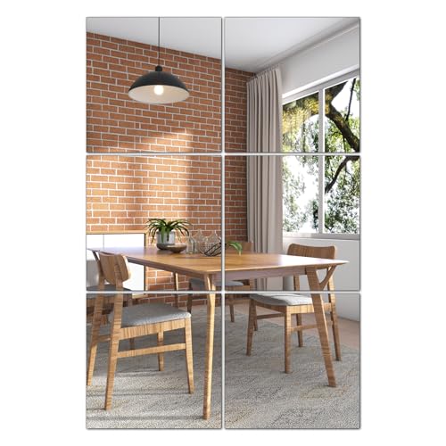 QEEYON 6 Pieces Glass Mirror 15 x 15 cm, Self-Adhesive Mirror Tiles, HD DIY Mirror Sticker for Wall, Wardrobe, Bathroom, Living Room, Bedroom Decoration