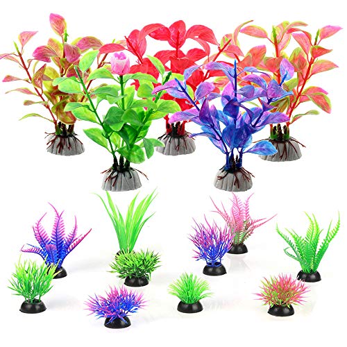 KIBUN 15 Piece Set Aquarium Decor Fish Tank Decoration Ornament Artificial Purple/Navy/Green/Red Plastic Plant (S/M Size 15 Piece)