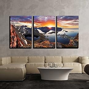 3 Piece Canvas Wall Art - Mountain Coast Landscape at Sunset, Norway - Modern Home Art Stretched and Framed Ready to Hang - 16"x24"x3 Panels