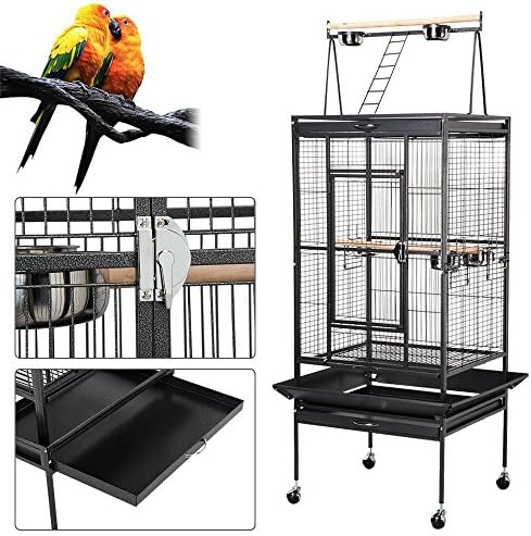 go2buy 68" H Rolling Large Bird Cage Iron Parrot Finch Pet House Play Top Pet Supplies W/ 5 Feeding Bowls- Black